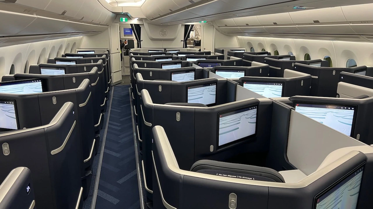 Air France business class cabin with reverse herringbone suites on the A350