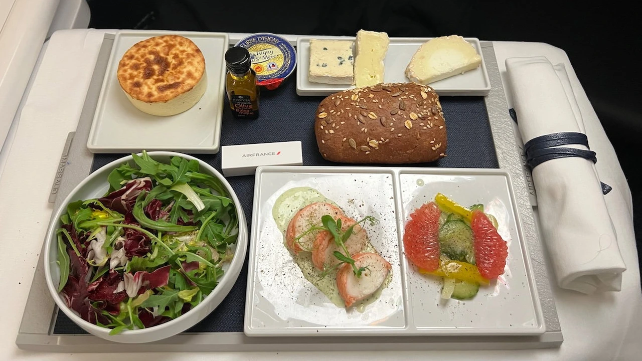 Air France business class multi-course dining with French wine pairing