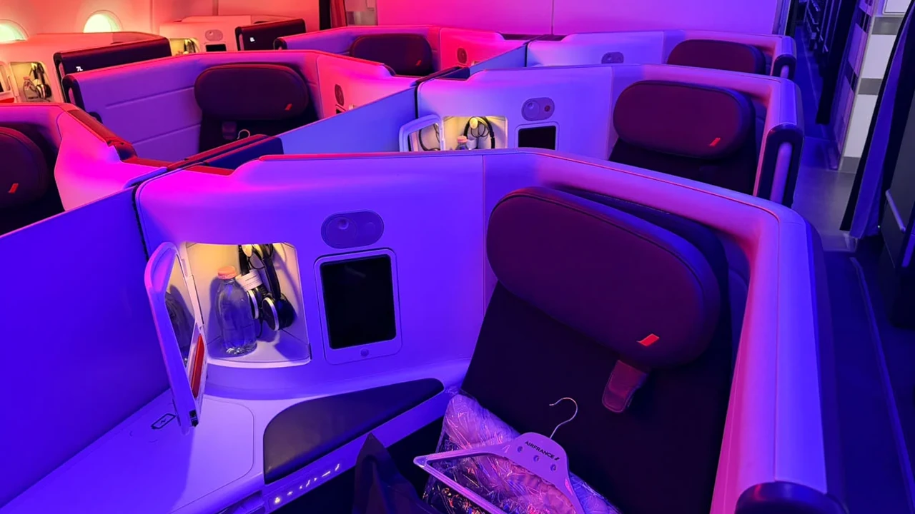 Air France business class cabin materials and winged seahorse emblem