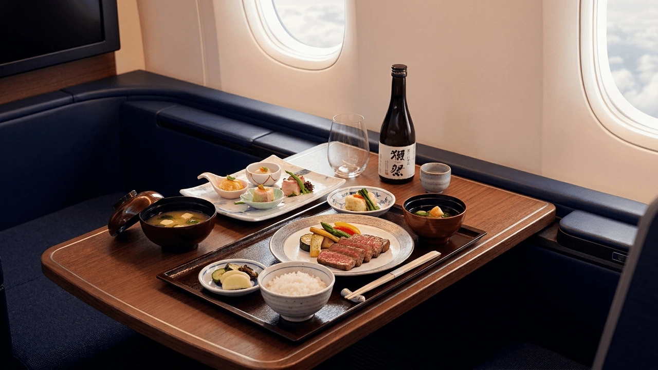 ANA business class multi-course kaiseki dining in lacquerware