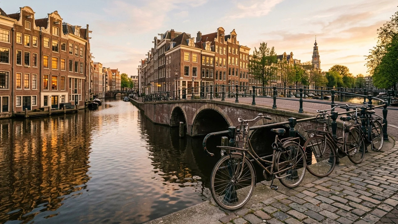 Amsterdam canal houses at golden hour