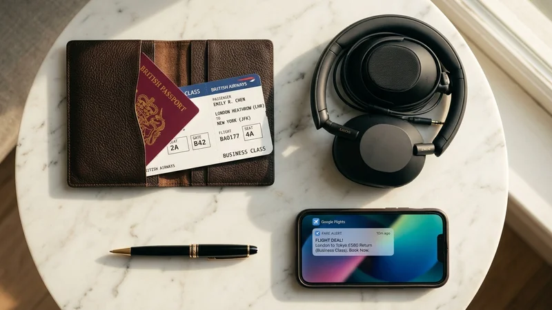 Business class travel essentials flat-lay