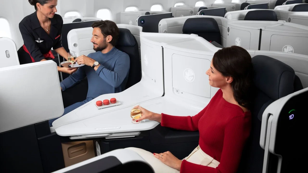Air France business class gourmet meal service with French wine pairing