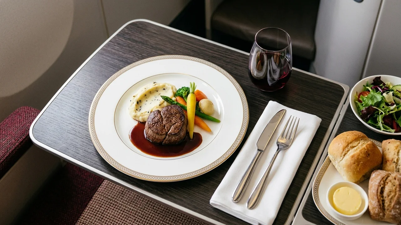 Emirates business class dining on Royal Doulton china