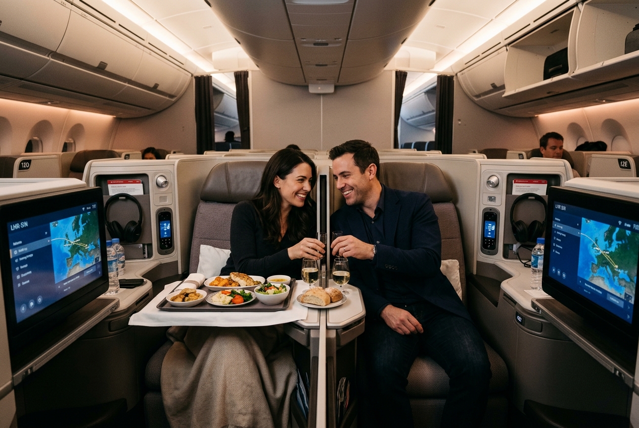 Center business class seats configured for two passengers traveling together