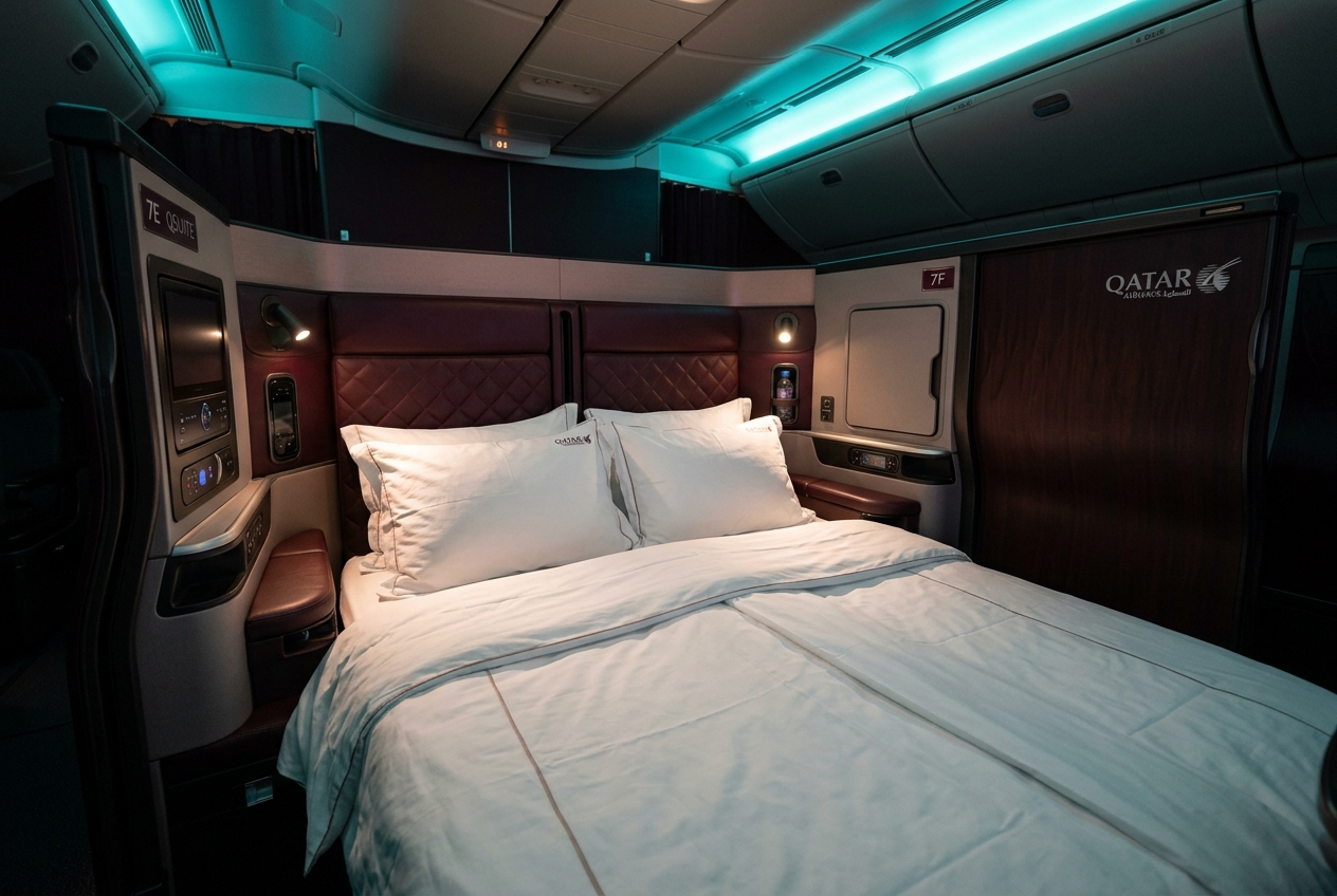 Qatar Airways QSuite center seats combined into a double bed