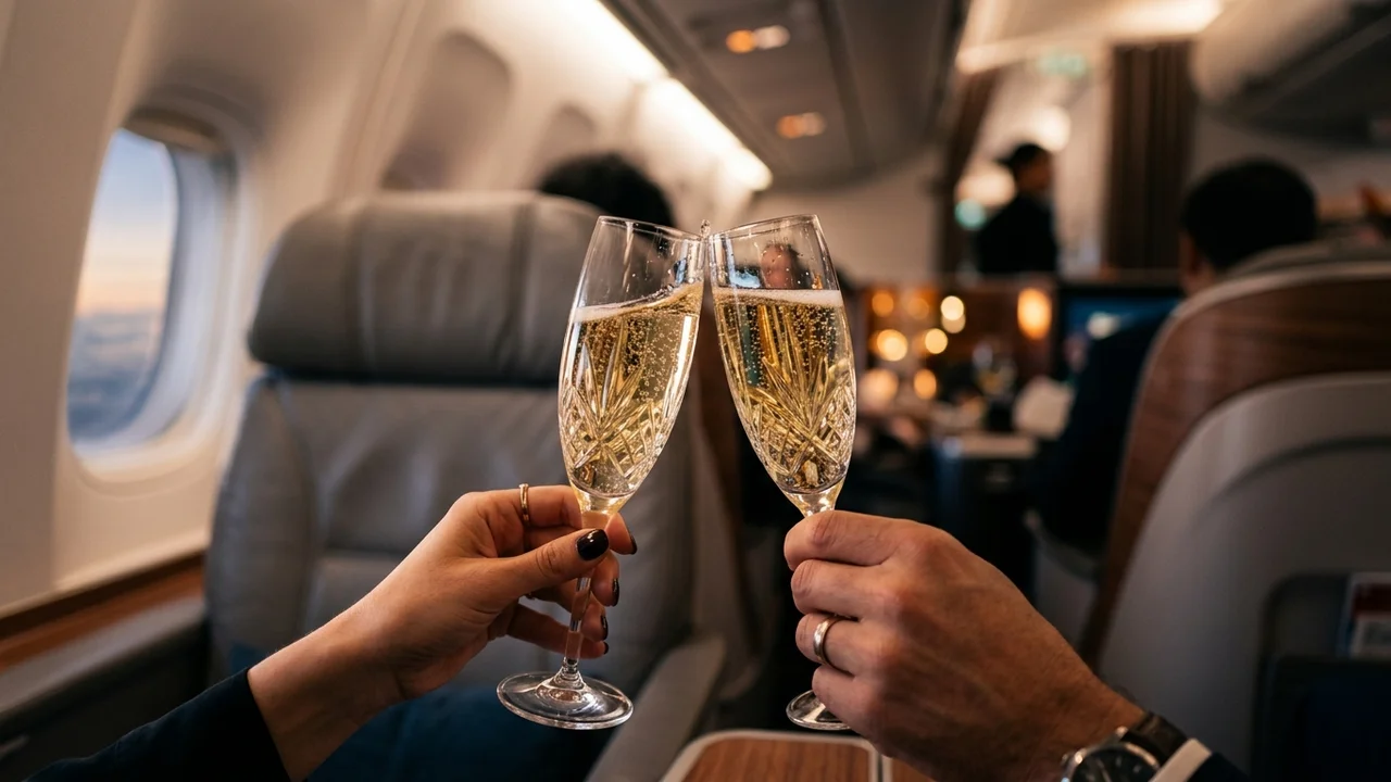 Two crystal champagne flutes toasted in business class