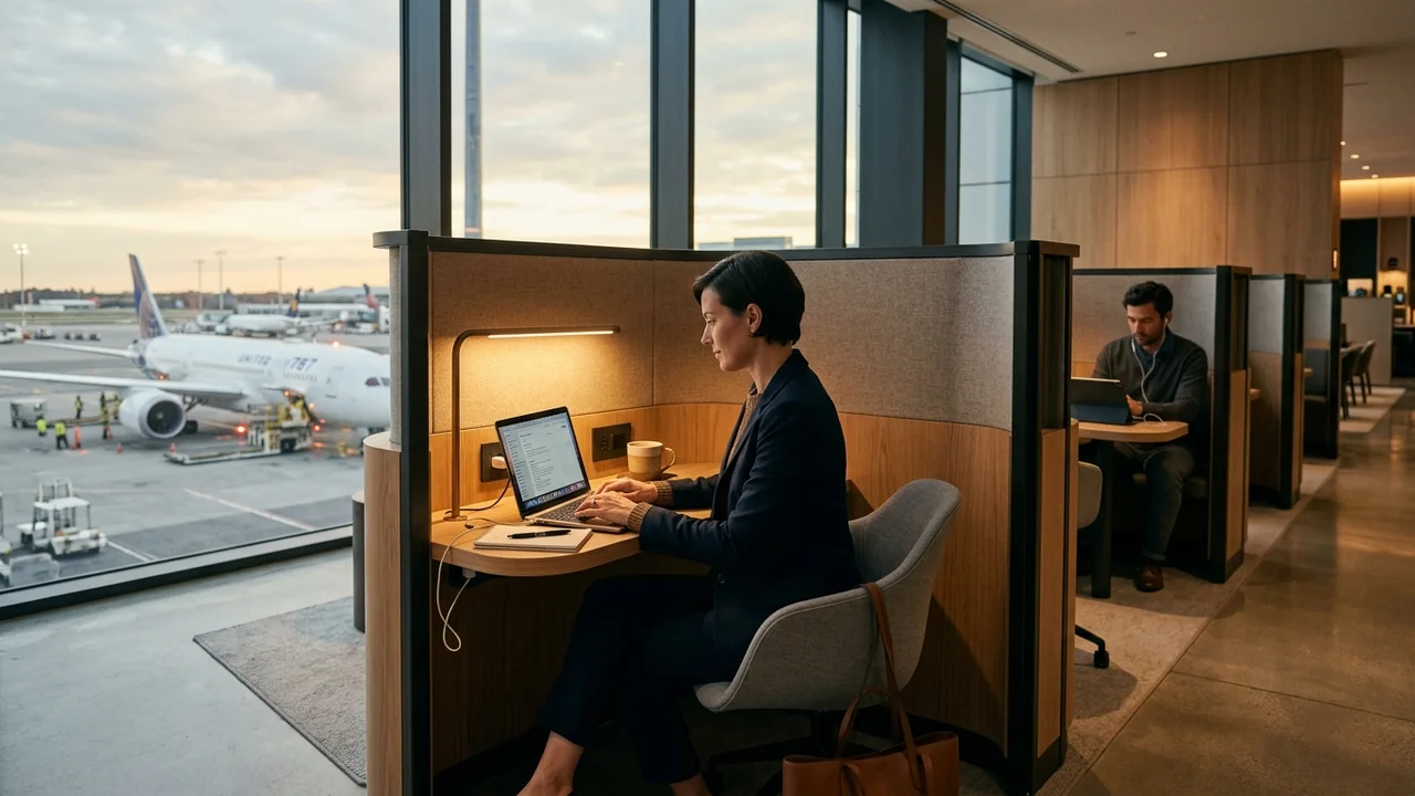 Quiet individual work pod in a premium airport lounge