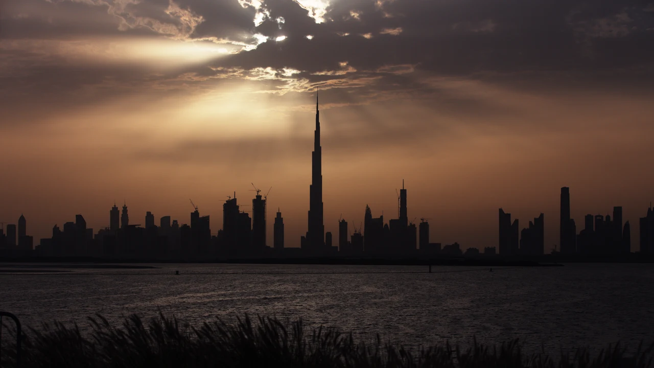 Dubai skyline with Burj Khalifa at golden hour