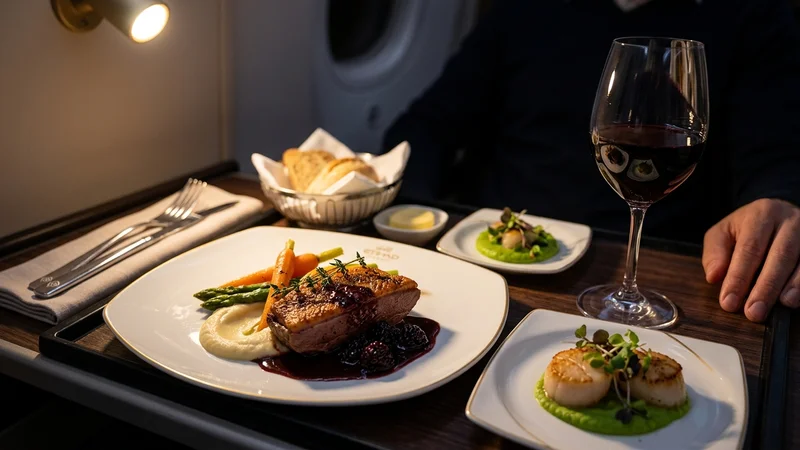 Business class meal service close-up