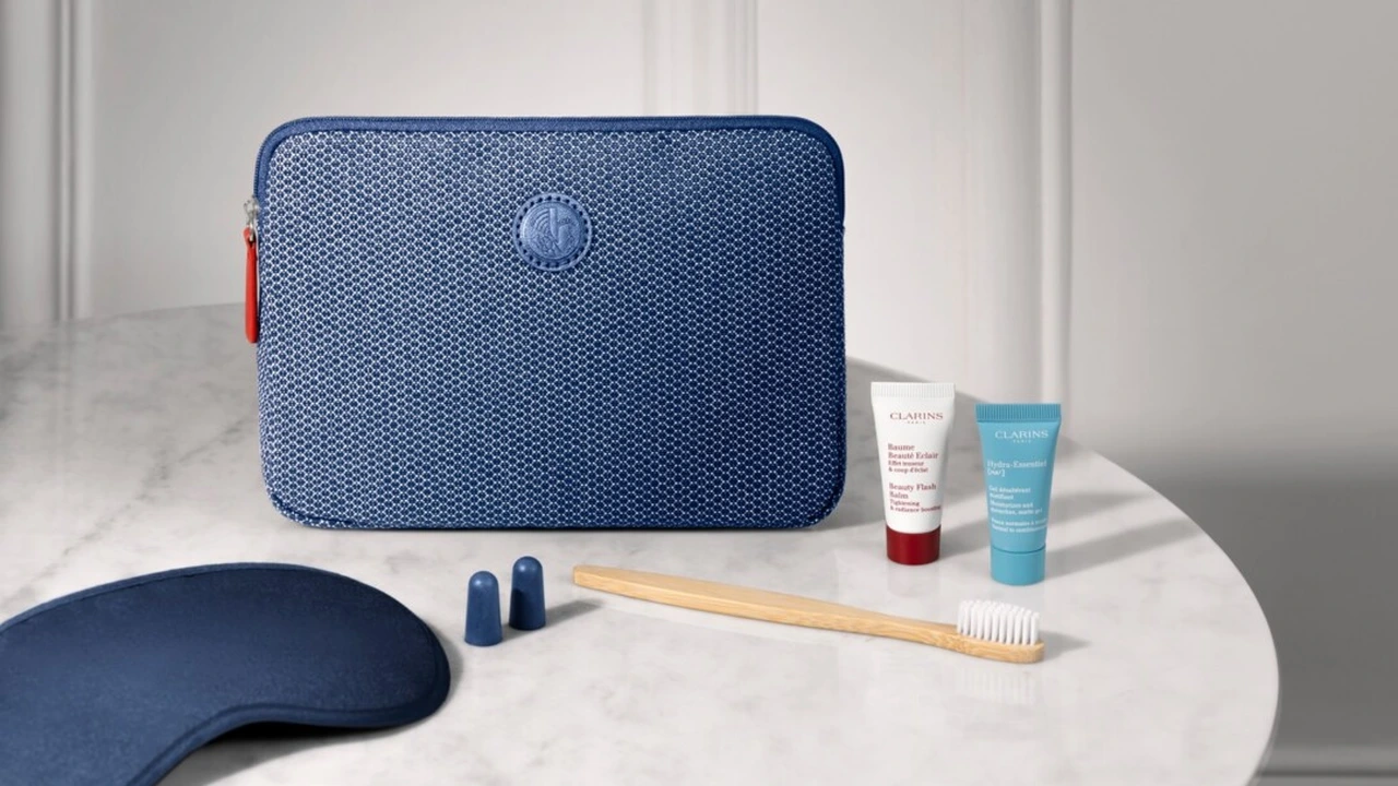 Air France Clarins amenity kit pouch and cosmetics