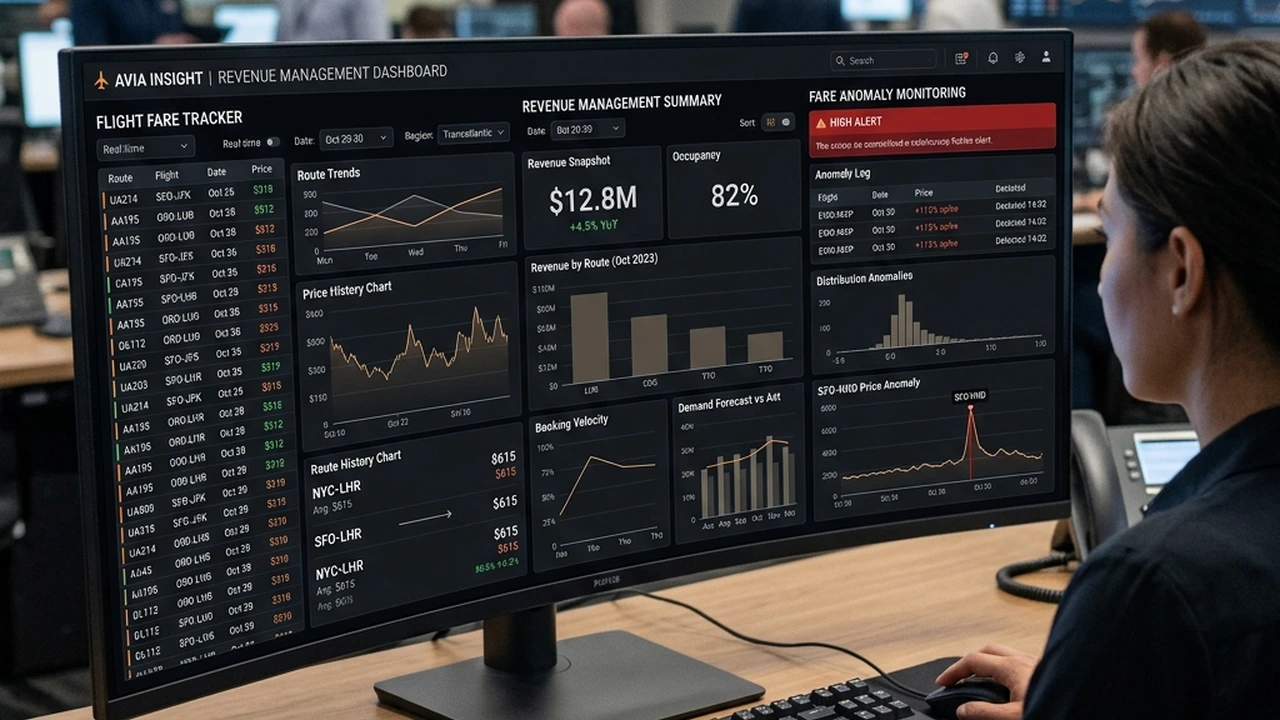 Flight fare tracker and airline revenue management dashboard tracking anomalies