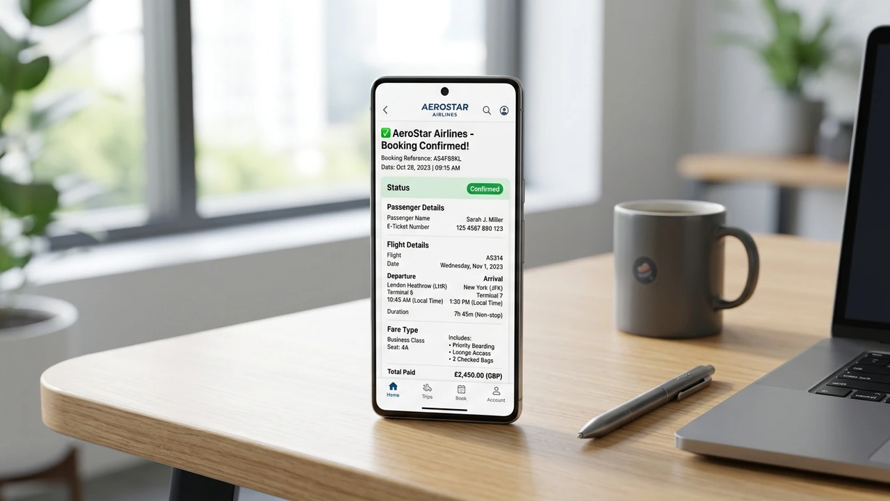 Electronic flight e-ticket issuance confirmation screen