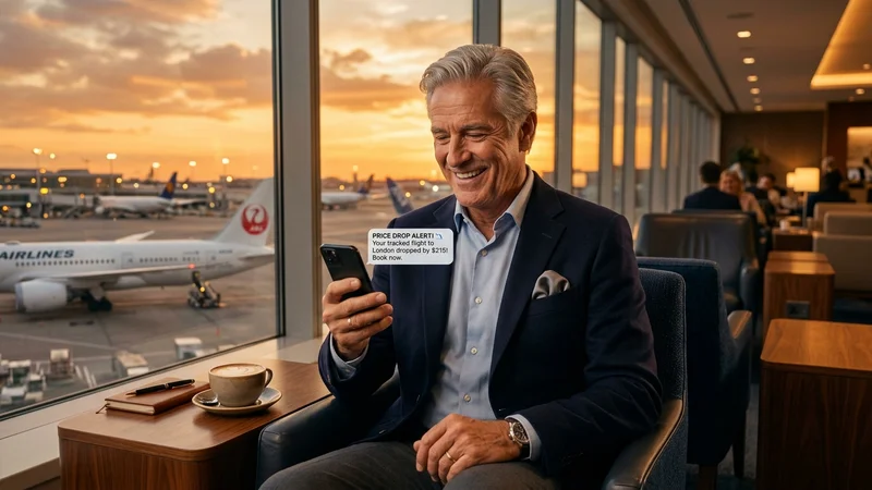 Business traveler in airport lounge checking price alert on phone with golden sunset and aircraft through windows