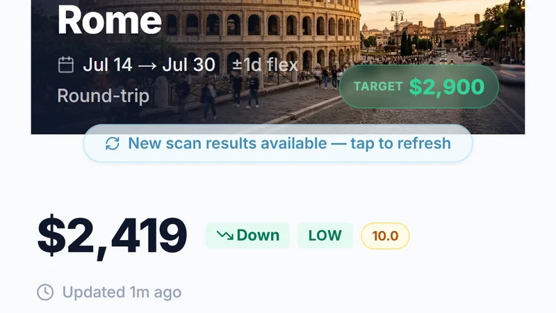 BusinessClassSignal watchlist showing New York to Rome business class deals with deal scores and price tracking