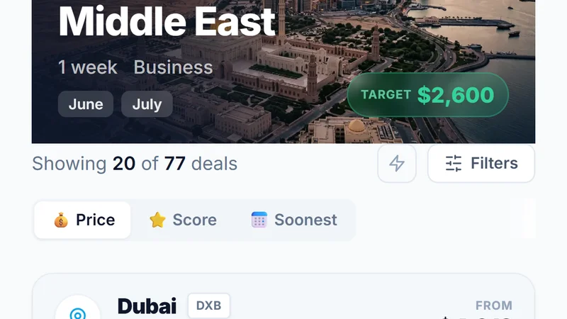 BusinessClassSignal Explorer mode showing San Francisco to Middle East deals with Dubai and Riyadh results including Emirates and deal scores