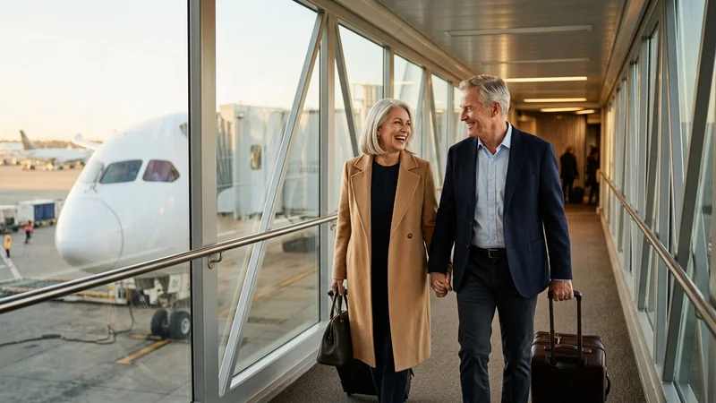 Affluent couple walking through airport boarding bridge with aircraft visible through windows, smiling at each other