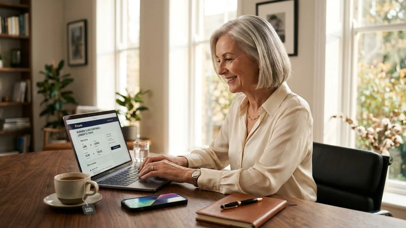 Distinguished woman with silver bob haircut smiling while booking a flight on her laptop at home office desk