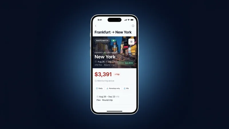 BusinessClassSignal iPhone showing Frankfurt to New York watchlist with $3,391 price, target $2,600, and monitoring active status