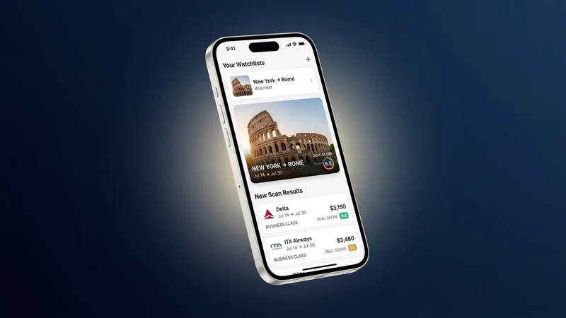 BusinessClassSignal app showing New York to Rome watchlist with Delta at $3,150 and ITA Airways at $3,480 business class fares with deal scores