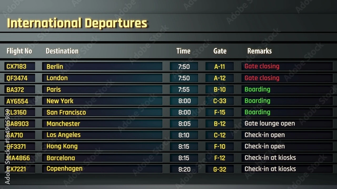 Airport flight status board tracking international departures