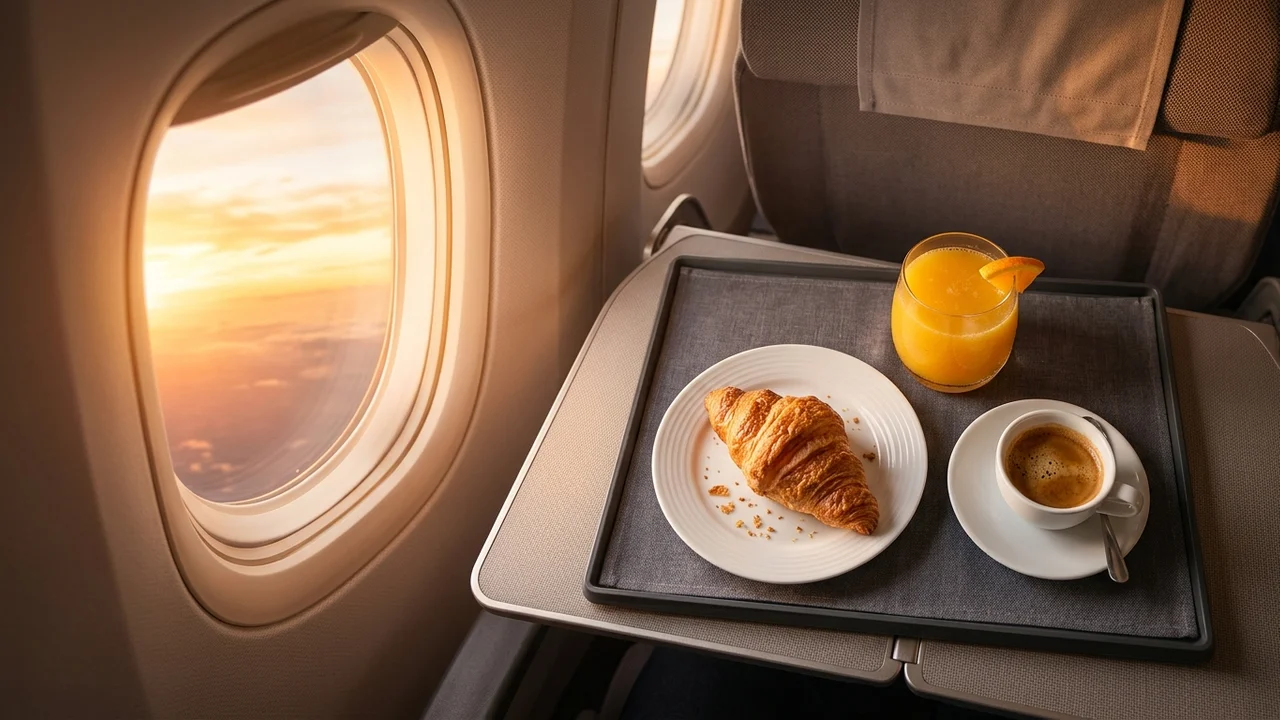 Espresso coffee and fresh pastry on business class tray table at dawn