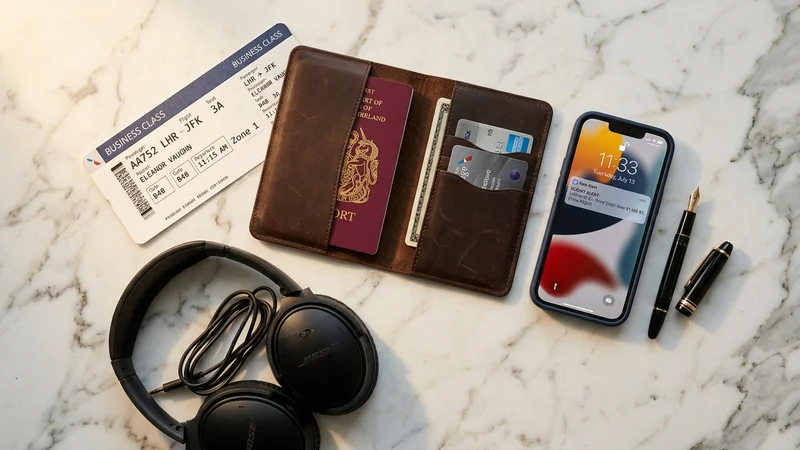 Business class travel essentials flat-lay