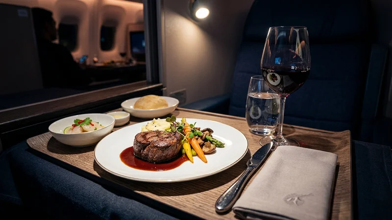 Business class meal service close-up