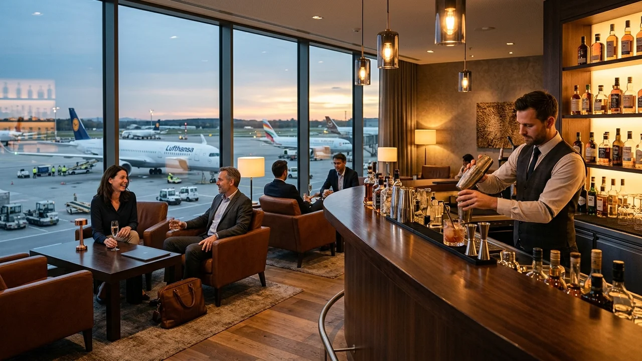 Premium departure lounge bar area at Denver International Airport