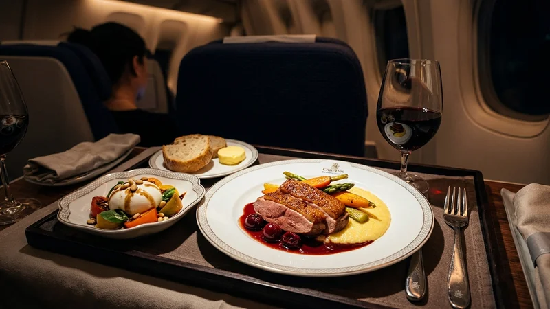 Business class meal service close-up
