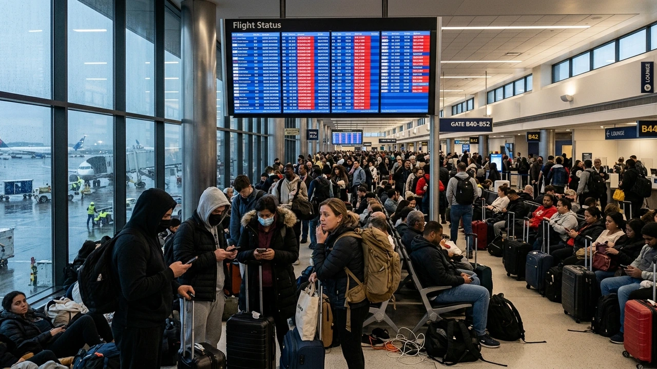 Airport boarding gate agent counter with passengers during departure procedures