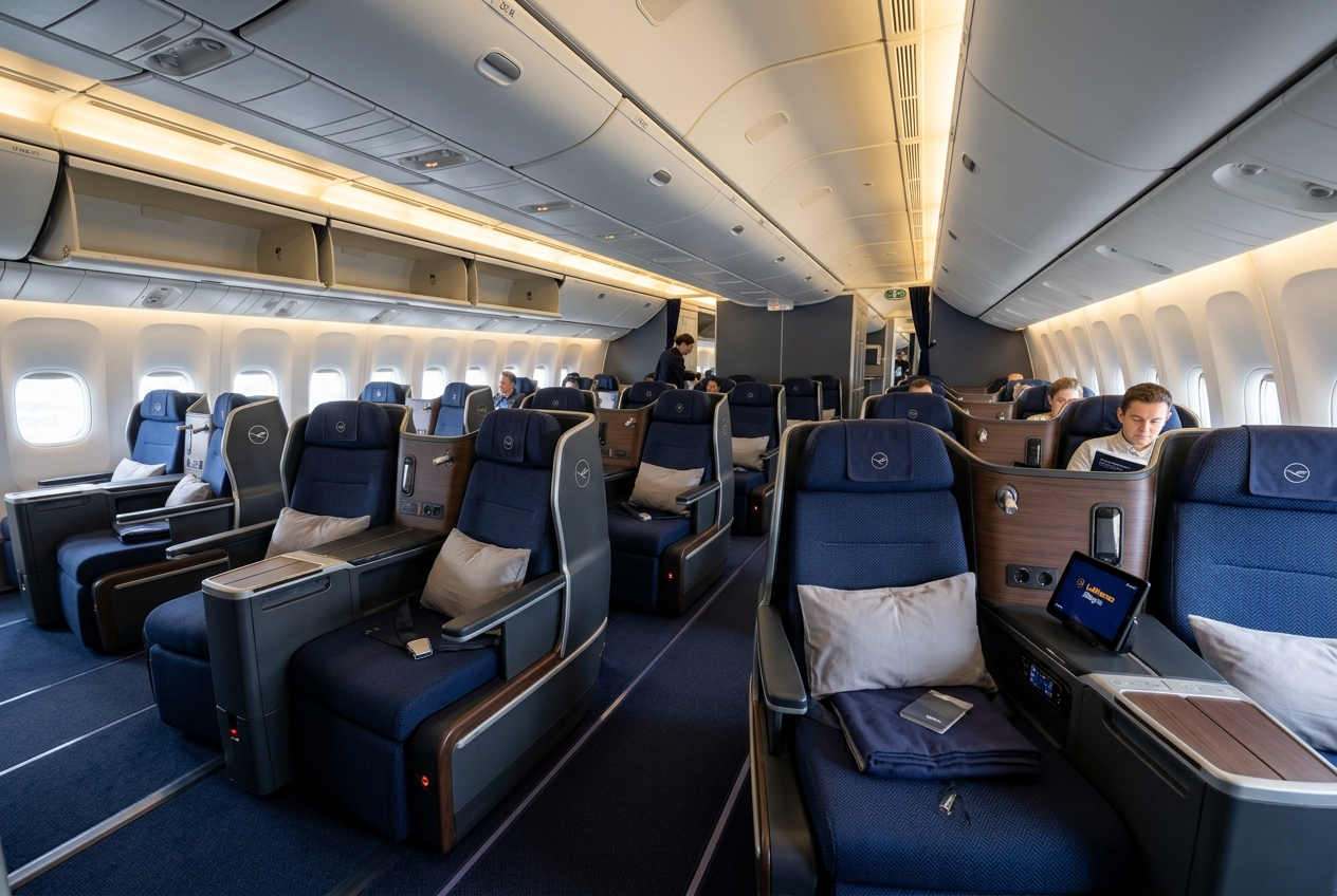 Lufthansa business class seat with navy fabric upholstery