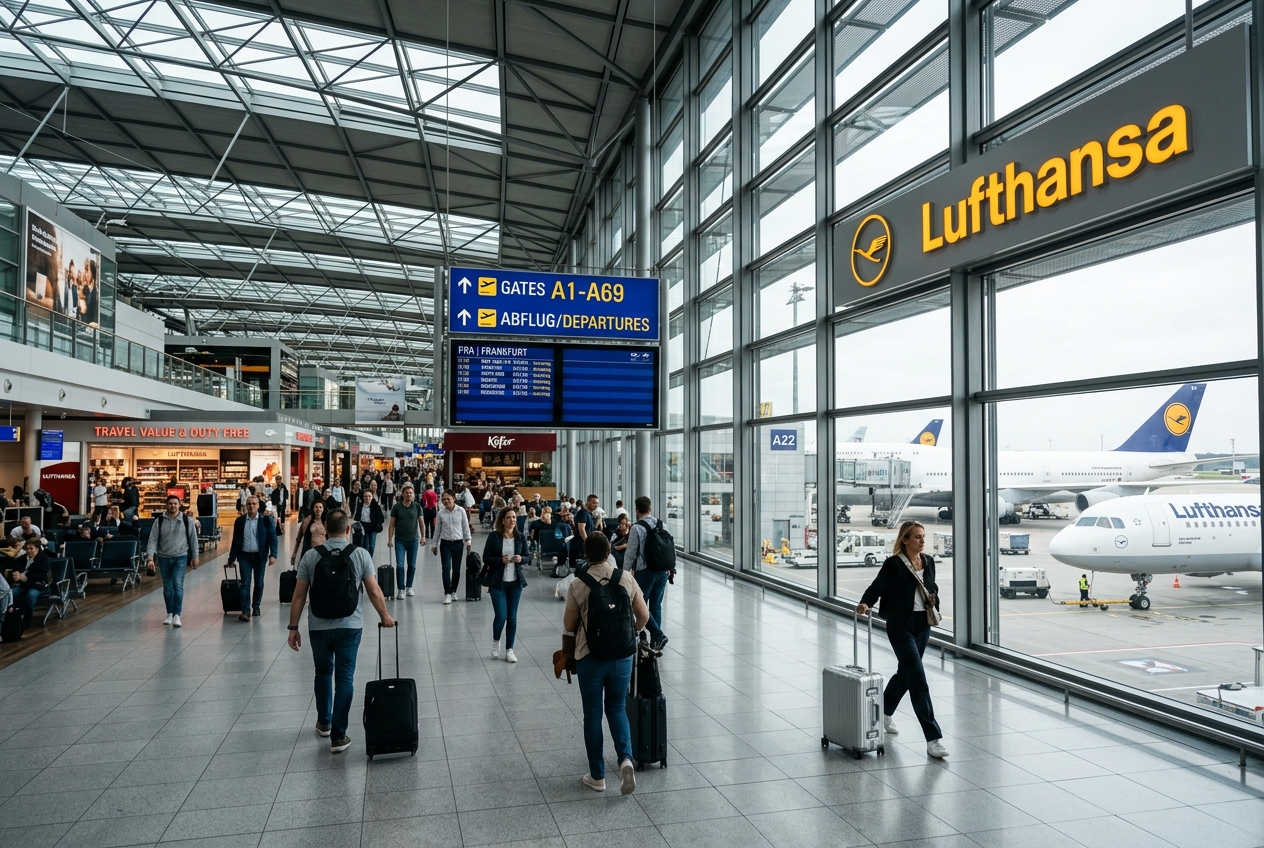 Frankfurt Airport Lufthansa hub terminal and aircraft at gates