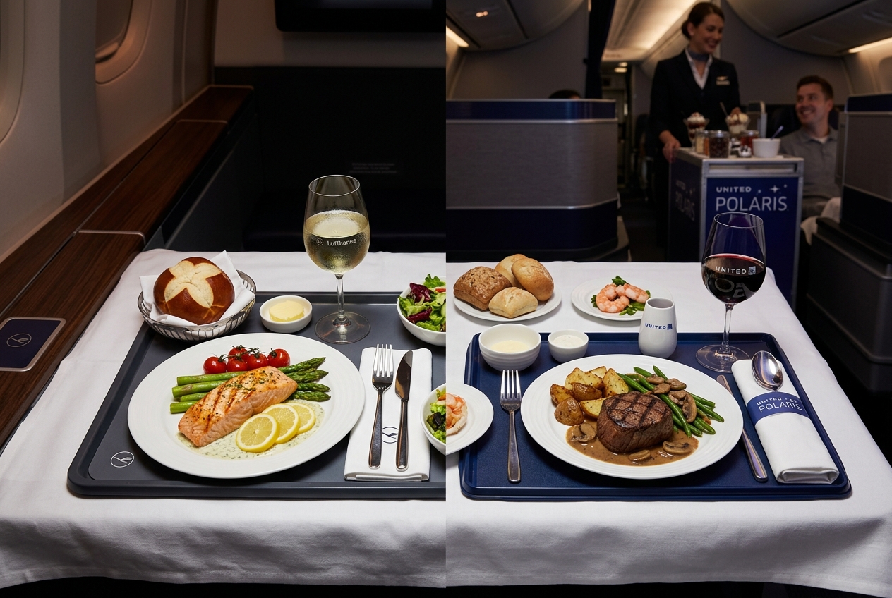 Multi-course business class dining service with wine glass on white linen