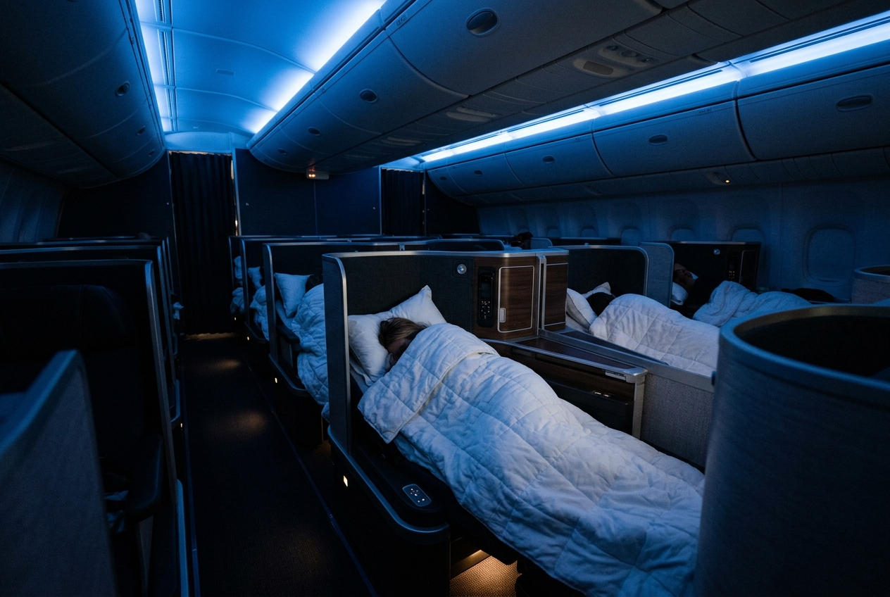Aircraft cabin at night with soft blue mood lighting during sleep time