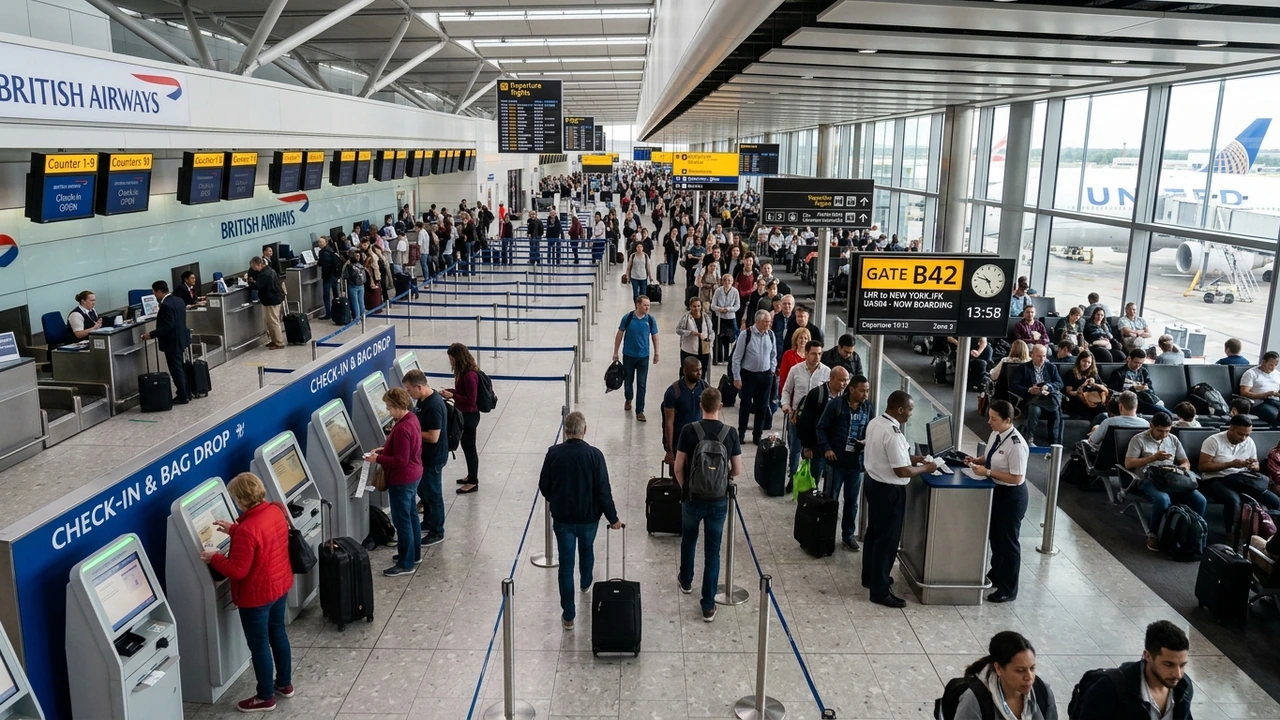 Airport departure gate counter and boarding lanes with automated boarding gates