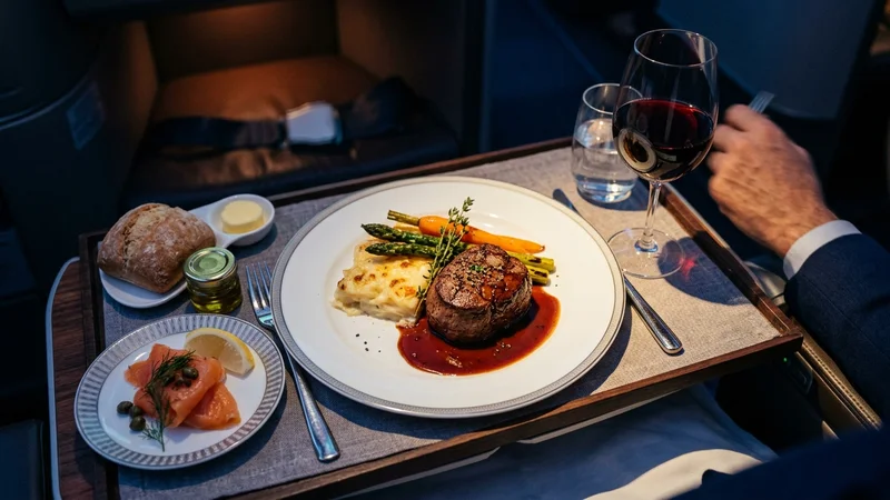 Business class meal service close-up