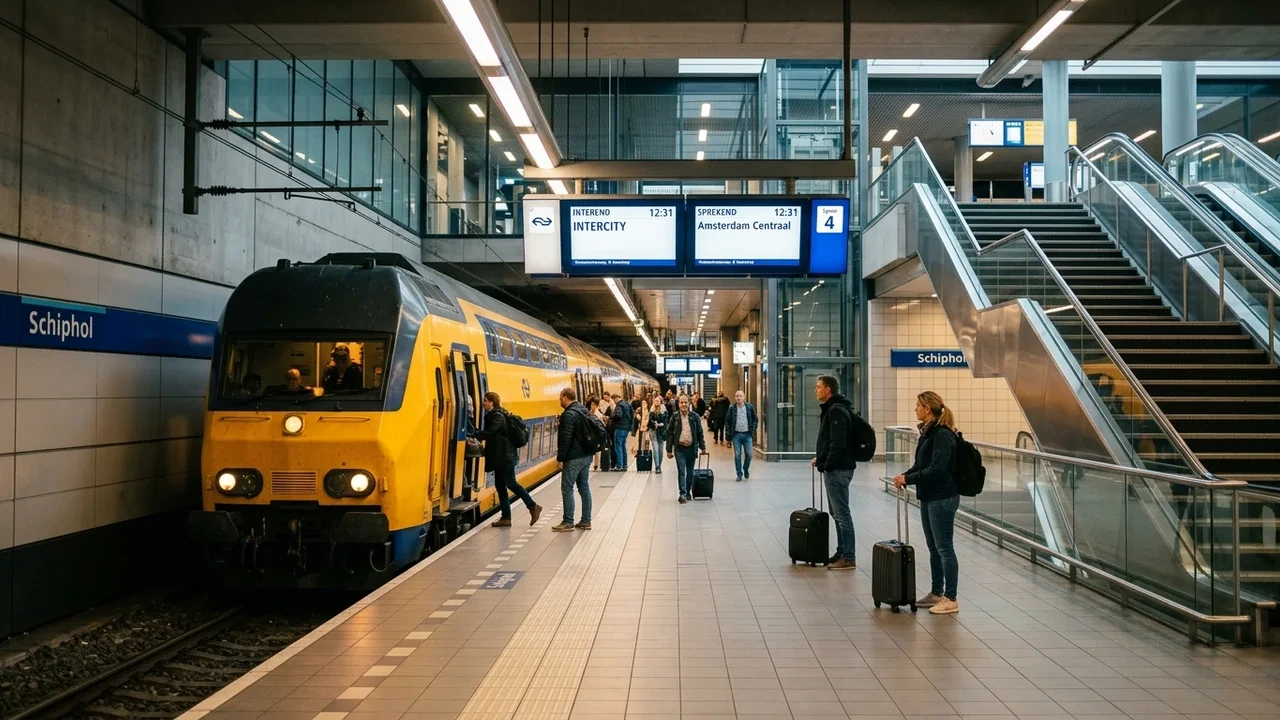 Amsterdam Schiphol Airport train station platform directly beneath main terminal