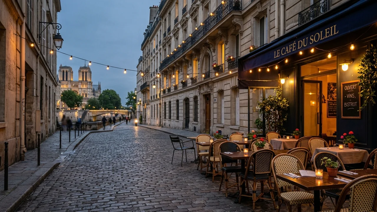 Parisian café terrace at dusk