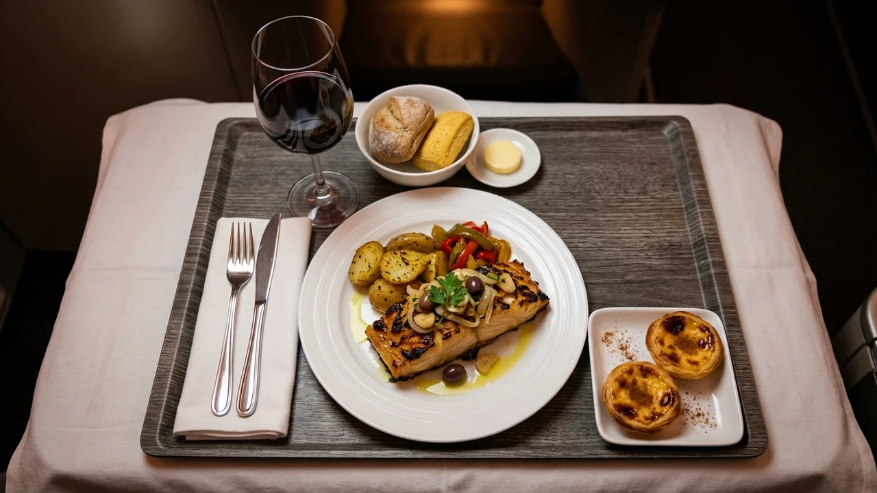 Portuguese wine and seafood dish served in business class