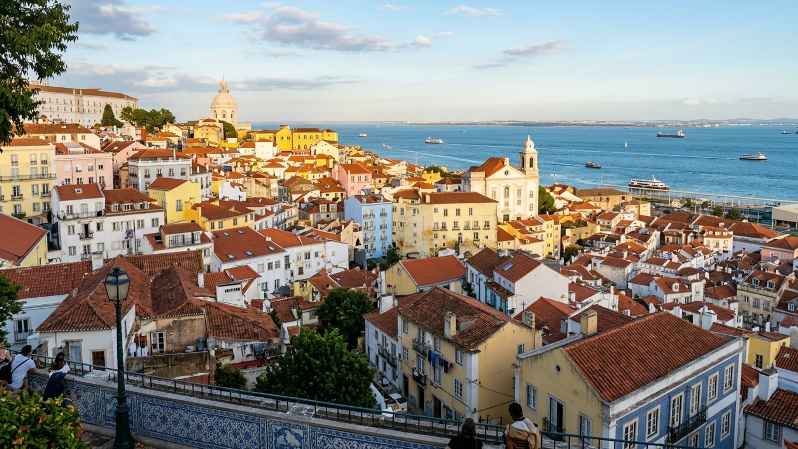 Panoramic view of Lisbon Alfama rooftops and the Tagus River from Miradouro de Santa Luzia at golden hour