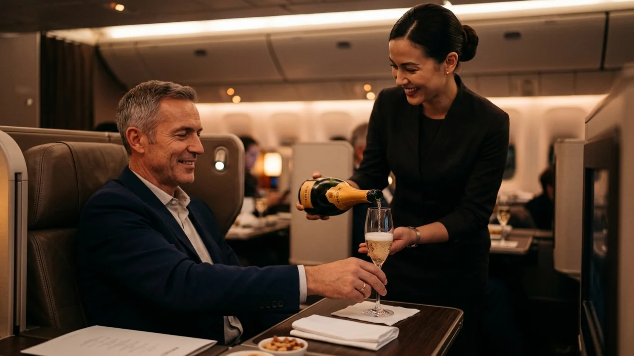 Flight attendant serving champagne to passenger in business class