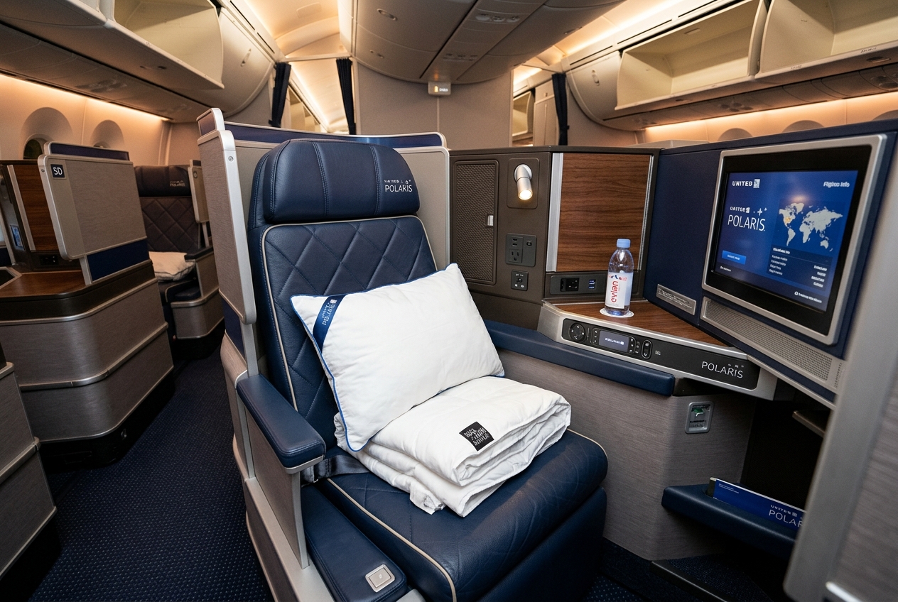 United Airlines Polaris business class seat with Saks Fifth Avenue bedding