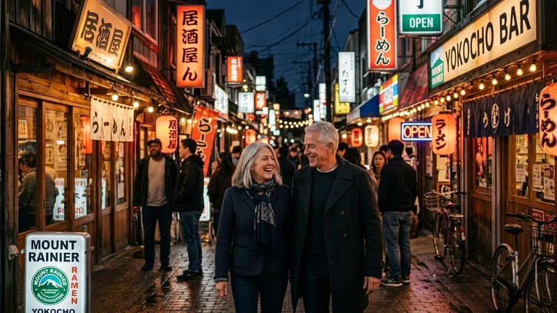Street scene near Mt Rainier and Tokyo neon
