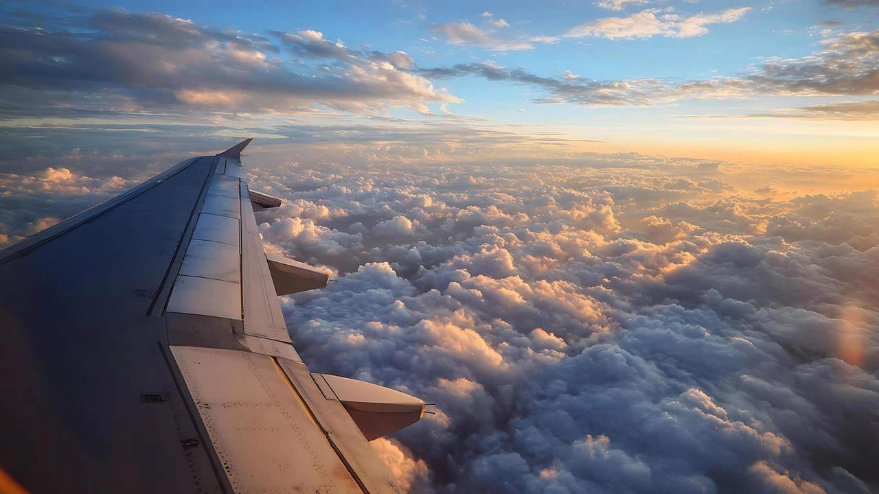 Virgin Atlantic aircraft wing above clouds at golden hour