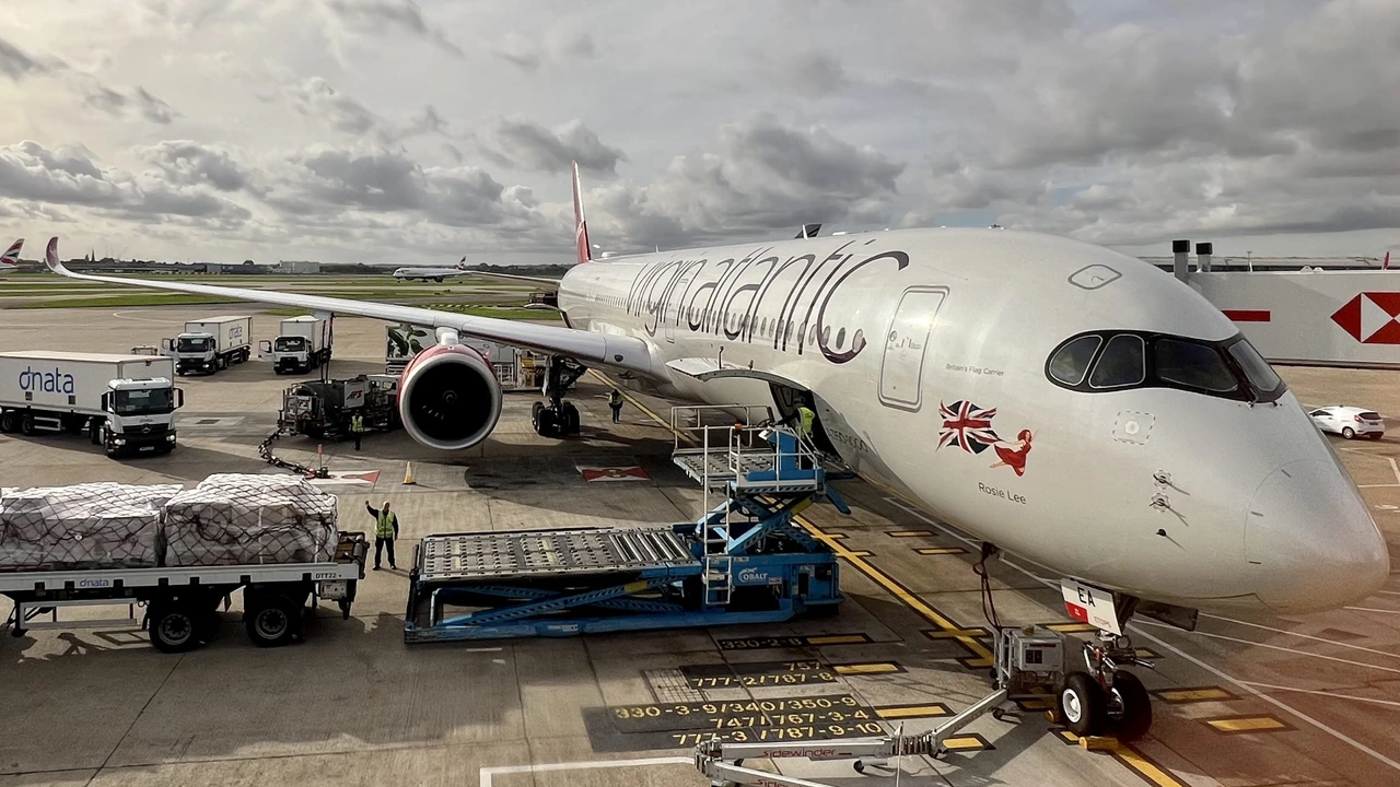 Virgin Atlantic widebody aircraft parked at gate