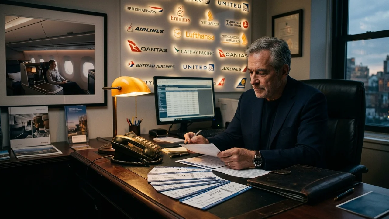 Business travel essentials on a desk
